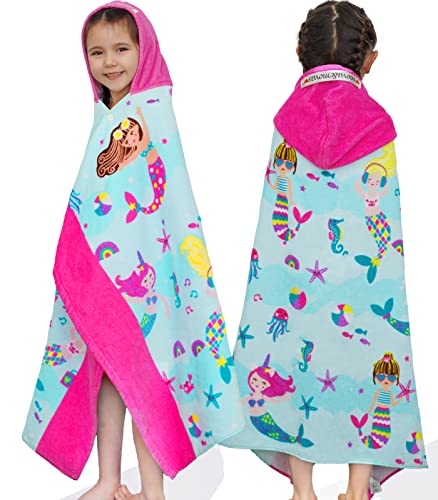 VOOVA & MOVAS Large Oversized Kids Hooded Towels | Soft Cotton (30X50 inches) Beach, Bath, Pool Towels | Summer Essentials for Girls Ages 3-10 for Toddler, Sea Mermaid