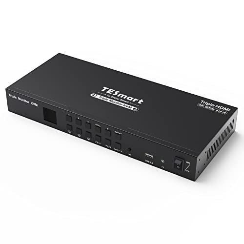 TESmart KVM Switch 3 Monitors 4 Computers 4K@60Hz 4:4:4, Support 3 USB Peripherals, 2 Audio Out, Mechanical, Multimedia Keyboards, RS232, Triple Monitor HDMI KVM Switches 4 Port Box with KVM Cables