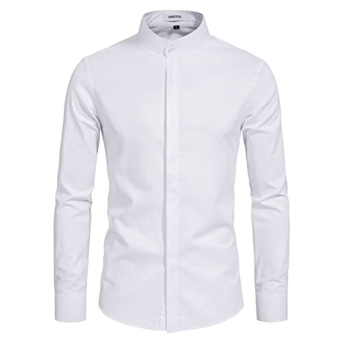 VANCOOG Young Men's Banded Collar Solid Designer Casual Long Sleeve Interview Dress Shirt Clearance-White-M