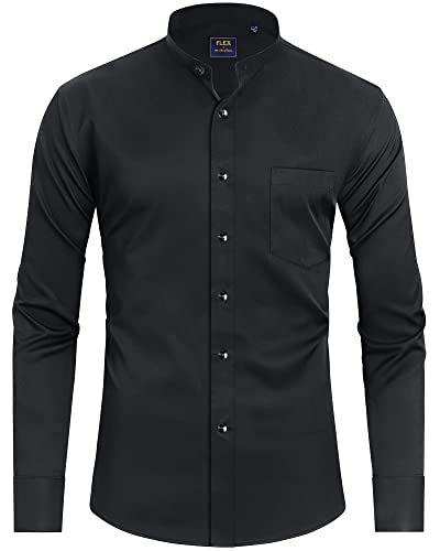 J.Ver Men's Mandarin Collar Dress Shirts Solid Long Sleeve Shirt Casual Button Down Tux Shirts with Pocket Black Small