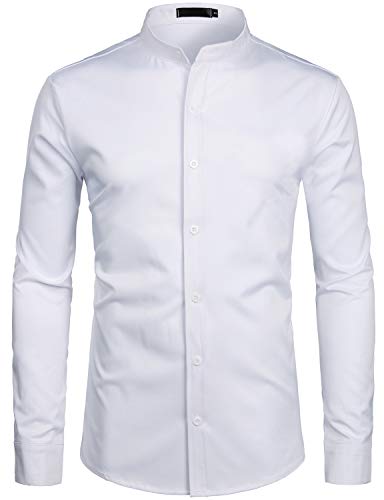 ZEROYAA Mens Hipster Solid Slim Fit Long Sleeve Mandarin Collar Dress Shirts ZLCL08 White Large