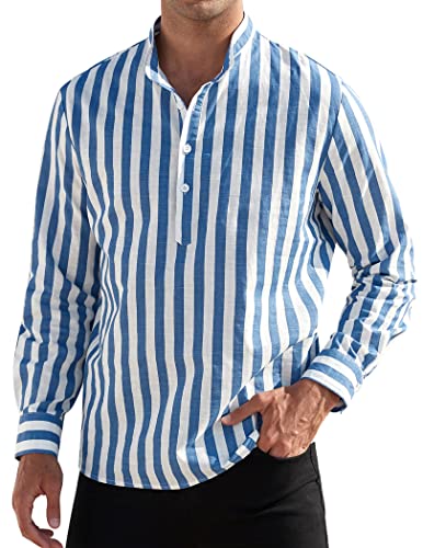 ZAFUL Mens Loose Cotton Shirt Casual Beach Long Sleeve Mandarin Collar Linen Henley Shirts