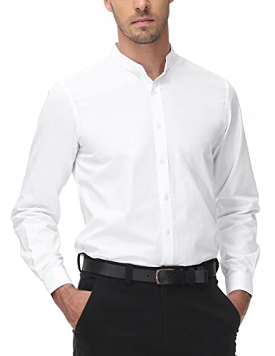 Mens Hipster Mandarin Collar Slim Fit Long Sleeve Casual Button Down Oxford Dress Shirt White M