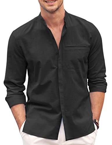 COOFANDY Men Beach Shirts Long Sleeve Linen Button Down Mandarin Collar Vacation Shirts Black