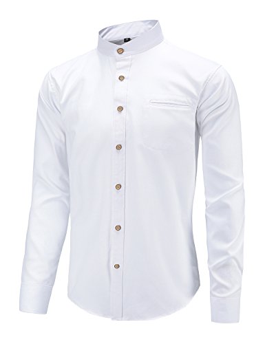 Dioufond Banded Collar Shirts Cotton Oxford Mandarin Collar Shirts for Men White Manderine Shirt L