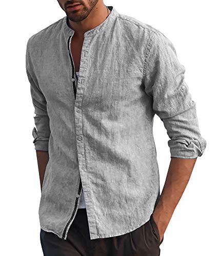Taoliyuan Mens Linen Long Sleeve Shirts Button Down Mandarin Collar Casual Regular Fit Dress Shirts A- Gray