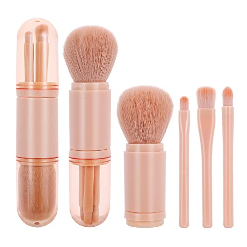 Molain Retractable Makeup Brush, 4 in 1 Portable Travel Lip Brush, Highlight Brush, Eyeshadow Brush, Foundation Blending Powder Brush Mini Facial Cosmetic Makeup Brush Set (Pink)