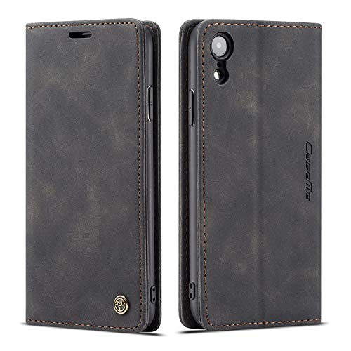 QLTYPRI iPhone XR Case Vintage PU Leather Wallet Case TPU Bumper [Card Slots] [Hands-Free Kickstand] [Magnetic Closure] Shockproof Flip Folio Case for Apple iPhone XR 6.1 inch - Black