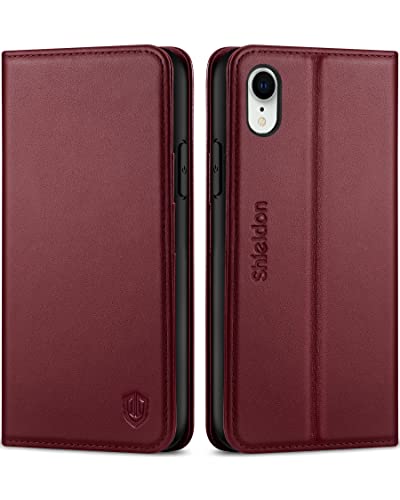 SHIELDON iPhone XR Case, iPhone XR Wallet Case, Genuine Leather Durable Wallet Flip Book Cover Design with Kickstand RFID Card Slots Magnetic Closure Compatible with iPhone XR - Wine Red