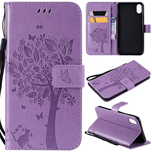 iPhone XR Case,iPhone XR Wallet Case,iPhone XR Flip Case PU Leather Emboss Tree Cat Flowers Folio Magnetic Kickstand Cover with Card Slots for Apple iPhone XR (6.1 inch) 2018 Release, Light Purple