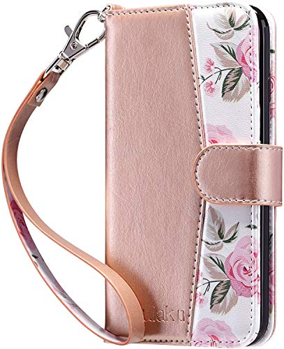 ULAK Compatible with iPhone XR Wallet Case for Women, Premium PU Leather Folio Flip Case with Card Holders Kickstand Wrist Strap, Shockproof Protective Phone Cover for iPhone XR 6.1 inch, Rose Gold