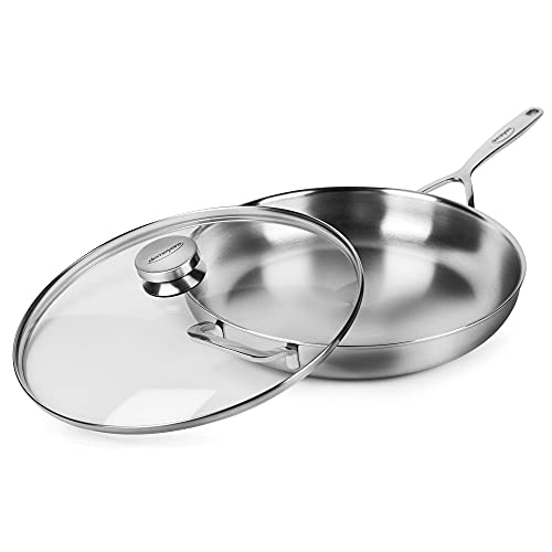 Demeyere 5-Plus 12.5" Fry Pan Skillet with Glass Lid - 5-Ply Stainless Steel, Made in Belgium