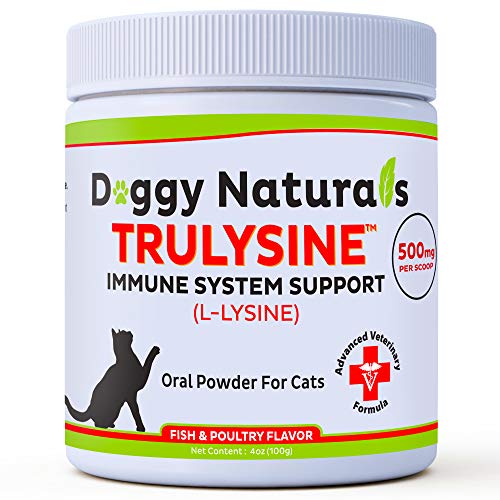 Trulysine L-Lysine for Cats Immune Support Oral Powder 4oz/100g - Cats & Kittens of All Age, Sneezing, Runny Nose Squinting, Watery Eyes - Fish & Poultry Flavor (U.S.A)(100 Grams ( 500mg / Scoop))