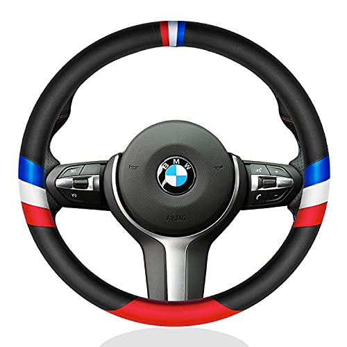 GOHI YANDA Car Steering Wheel Cove Sports Protector Non-Slip Leather Steering Wheel 15 Inch Universal M Color Compatible Set for BMW Three-Color Design