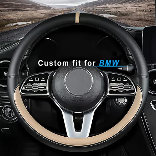 Custom fit for BMW Car Steering Wheel Cover, Nappa Leather Car Steering Wheel Cover Non-Slip Steering Wheel Cover, Designed for BMW Interior Accessories (Beige,For BMW)