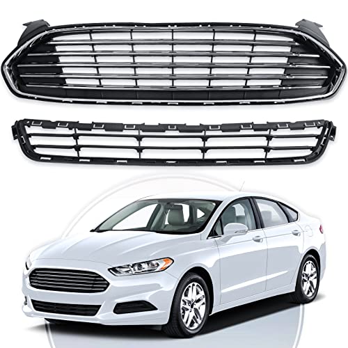 HOUGEET Front Upper+Lower Bumper Grill Grille for 2013-2016 Ford Fusion Chrome Mustang Style Matte Black