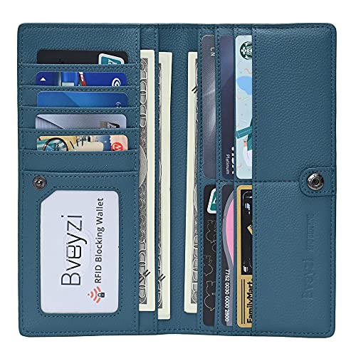 Bveyzi Ultra Slim Thin Leather RFID Blocking Credit Card Holder Bifold Clutch Wallets for Women (Lake Blue)