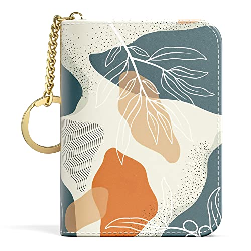 Aiawoxc Credit Card Holder, Small RFID Card Wallet Slim Leather Organizer Case with Zipper & Keychain, Abstract Boho Leaves