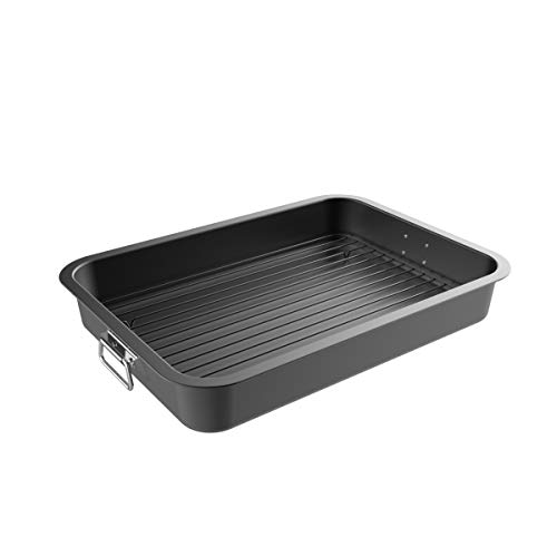 Roasting Pan with Flat Rack-Nonstick Oven Roaster and Removable Tray-Drain Fat and Grease for Healthier Cooking-Kitchen Cookware by Classic Cuisine, Black, 16.5 inch