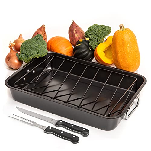 Moss & Stone Carbon Steel Roaster Pan With V Shape Removable Roasting Rack Set,16.5.- Inch Rectangular Nonstick Roasting Pan, Turkey Roaster Pan Rack With Carving Fork & Chef Knife