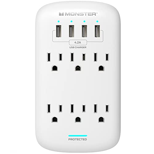 Monster Wall Tap Plug 6-Outlet Extender with Outlet Surge Protector for Home, Travel, Office, Home Appliances, Computers, and Smart Phone Devices  4 USB Ports, 980J, and ETL Listed