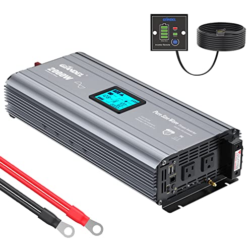 GIANDEL 2000W Pure Sine Wave Power Inverter DC 12V to AC 120V with a Hard Wire Terminal Block and Big LCD Display Wired Remote Controller Dual 2.4A USB Ports FCC Approved for Emergency Solar System