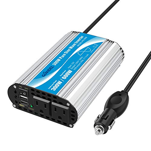 Pure Sine Wave Power Inverter 300Watt Car Adapter Converts 12V DC to 120V AC with 4.8A Dual USB and 2 AC Outlets for Tablets Laptops Smartphones