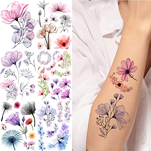 GLARYYEARS X-ray Flower Temporary Tattoo, 8-Pack Creative Realistic Flower Tattoos, Floral Design Variety Pack Fake Tattoo Stickers for Women Girls, Long-lasting Tattoos for Body Face Hand Arm