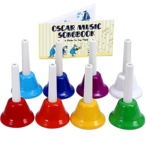 MINIARTIS Hand Bells for Kids | 8 Notes Diatonic Colorful Metal Handbells Set | Music Songbook & Carry Case Included | Great Holiday Birthday Gift for Children