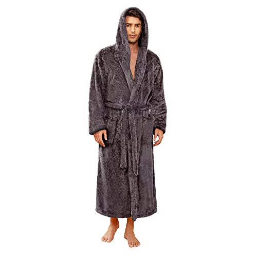 Vulcanodon Mens Robe Big and Tall with Hood,Full Length Plush Robe for Men Long Fleece Bathrobe(DARK GREY, L/XL)