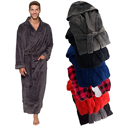 Ross Michaels Mens Robe Hooded Plush Big and Tall - Long Fleece Spa Bath Robe with Hood and Pockets - Gift for Men and Teens