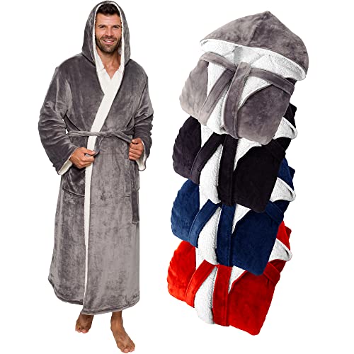 Ross Michaels Mens Robe Hooded Sherpa Big and Tall - Long Plush Spa Bath Robe with Hood and Pockets - Gifts Men