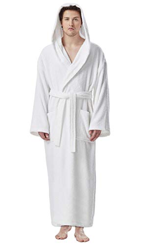 Arus Men's Long Hooded Classic Bathrobe Turkish Cotton Robe with Full Length Options, Extra Tall, White Large-X-Large