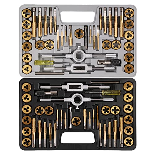 Anfrere Tap and Die Set Metric and Standard, Rethreading Tool Kit for Coarse and Fine Threads, GCr15 Bearing Steel with Titanium Coated, 80-Piece