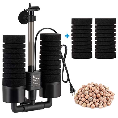 AQQA Aquarium Sponge Water Filter, Power Driven Double Biochemical Filter, Quiet Submersible Foam Filter with 2 Extra Sponges, 1 Bag of Filtered Ceramic Balls for Fresh and Salt Water Fish Tank (L)