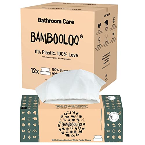 Bambooloo Bamboo Facial Tissues, 100% Virgin & Naturally Sustainable 2-Ply White Facial Tissues, Family Box (12 Boxes)