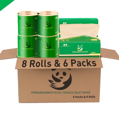 YABOO Combination Series Durable 6 Packs 3 Ply Bamboo Facial Tissue Paper (402 Pieces per Pack) + 8 Rolls 4 Ply Bamboo Toilet Paper (544 Pieces per Roll)