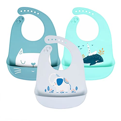 YINGJEE Baby Bibs Silicone Feeding Bibs, Weaning Waterproof Bibs with Food Crumb Catcher Pocket Baby Bibs Easily to Clean, Comfortable and Foldable