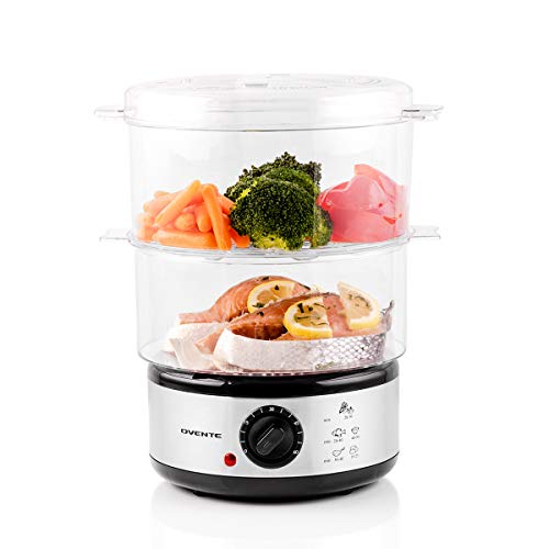 Ovente Electric Food Steamer 5 Quart with 2 Tier Stackable BPA-Free Baskets, 400W Stainless Steel Base, Auto Shut-Off and 60-Minute Timer, Fast Steaming Ideal for Vegetable and Fish, Silver FS62S
