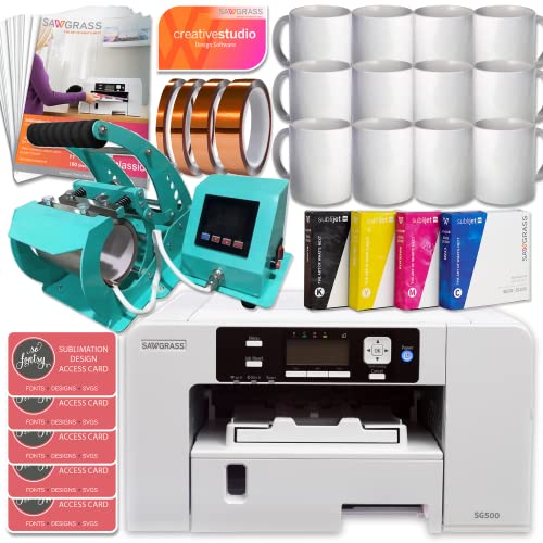 Sawgrass UHD Virtuoso SG500 Sublimation Printer Starter Bundle with Inks, Mug Heat Pres, Sublimation Paper, Tape, Blanks, Designs and Access to Exclusive Content