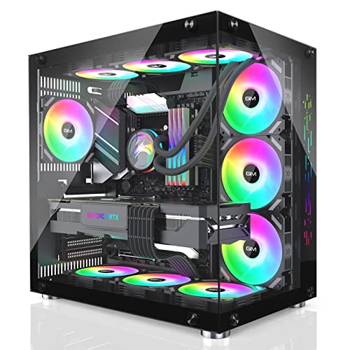 GIM ATX Mid-Tower PC Case Black 10 Pre-Installed 120mm RGB Fans Gaming PC Case 2 Tempered Glass Panels Gaming Style Windows Computer & Desktop Case USB 3.0 I/O Port, Water-Cooling Ready (Black)