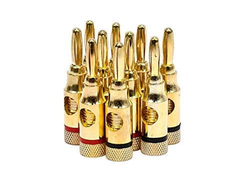 Monoprice 109437 5PRJX74047 Gold Plated Speaker Banana Plugs  5 Pairs  Open Screw Type, For Speaker Wire, Home Theater, Wall Plates And More