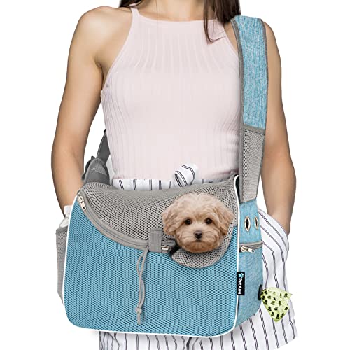 PetAmi Small Dog Sling Carrier, Soft-Sided Crossbody Puppy Carrying Purse Bag, Adjustable Sling Pet Pouch to Wear Medium Dog Cat for Travel, Breathable Mesh, Poop Bag Dispenser, Sherpa Bed, Blue