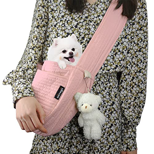NATUYA Small Dog Carrier Sling Dog Sling Carrier for Small Dogs Puppies Cats, Big Pouch Safety Leash Pet Sling Carrier for Walking Outdoor Travel (Pink, Canvas)