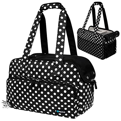 PetAmi Small Dog Purse Carrier, Soft-Sided Pet Carrier Bag Pockets, Portable Medium Dog Puppy Large Cat Travel Handbag Tote, Airline Approved Breathable Mesh Poop Dispenser Sherpa Bed, Polka Dot Black