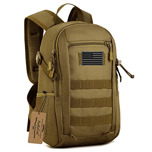 ArcEnCiel 12L mini X-small Tactical Backpack Military MOLLE Daypack Gear Assault Pack Camping Bag with Patch (Coyote Brown)