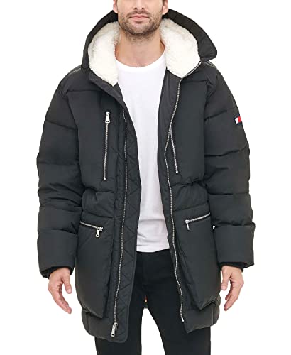Tommy Hilfiger Men's Heavyweight Quilted Sherpa Hooded Parka, Black, Large