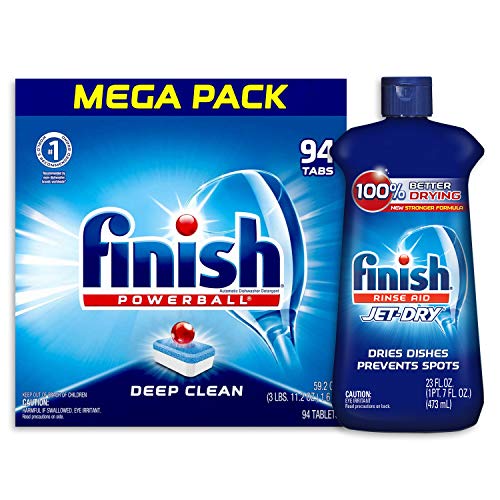Finish - Jet-Dry Rinse Aid, 23oz, Dishwasher Rinse Agent & Drying Agent and All in 1, 94ct, Dishwasher Detergent, Powerball, Dishwashing Tablets, Dish Tabs, Fresh Scent