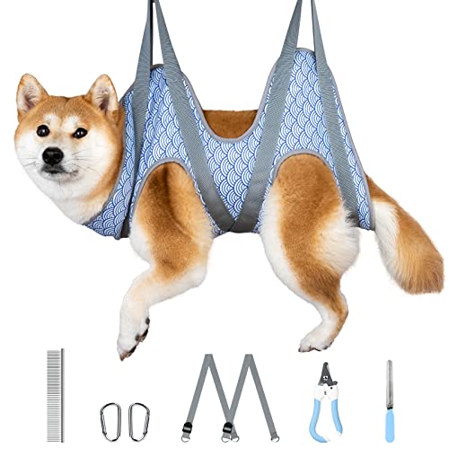 Ginkko Pet Dog Grooming Hammock Harness for Cats & Dogs, Dog Sling for Grooming, Dog Hammock Restraint Bag with Nail Clippers/Trimmer, Nail File, Pet Comb,Ear/Eye Care-S