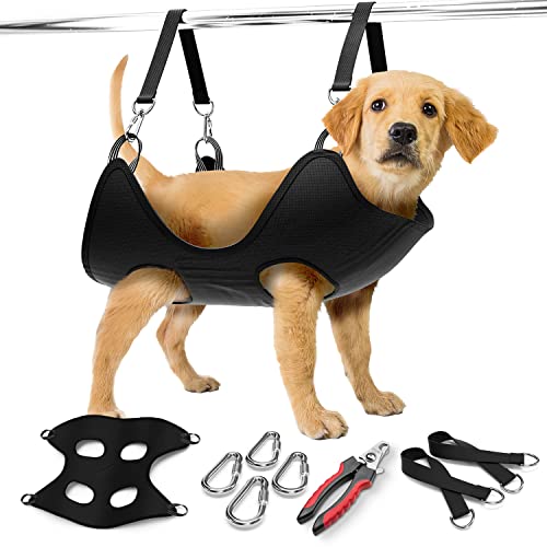 Dog Grooming Hammock  Sturdy & Safe Dog Hammock for Grooming with Durable Carabiner Clips & Straps  Soft, Comforting Dog Grooming Harness  Pet Grooming Hammock + Nail Trimmer for Small Dogs